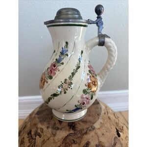 Vintage Austrian Hand Painted Folk Art Pottery Jug Pewter Lid Wechsler Tirol